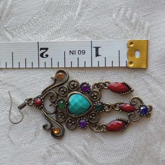 Colorful faux turquoise heart scrolls and dangling rhinestone hook earrings - Picture 5 of 5